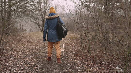 在树林里散步的女人和狗