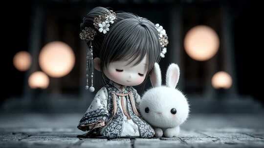 恬静少女与萌兔相伴在灯笼下的美好瞬间
