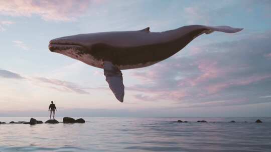 鲸鱼飞在海面概念视频