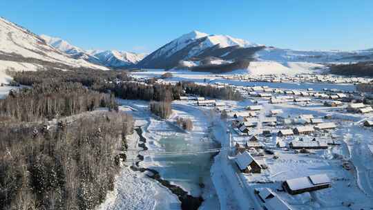 冬天新疆阿勒泰禾木喀纳斯雪景视频素材模板下载