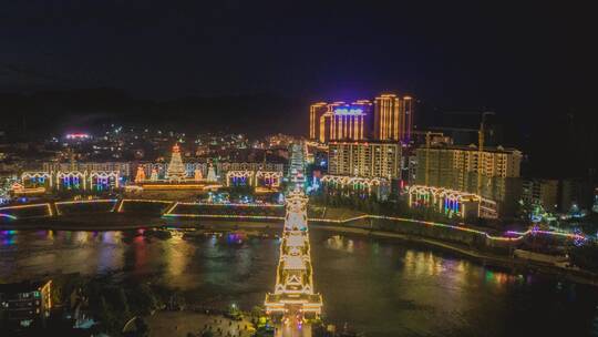航拍侗族侗乡侗寨风雨桥夜景延时摄影
