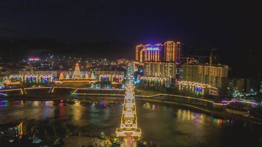 航拍侗族侗乡侗寨风雨桥夜景延时摄影视频素材模板下载