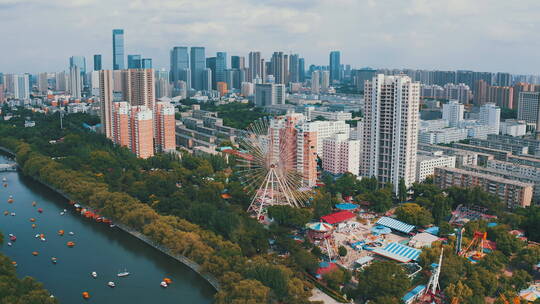 辽宁沈阳夏季城市公园航拍风光