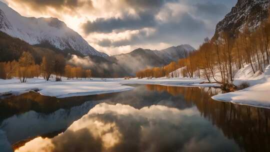 雪山下河流雪景自然风光