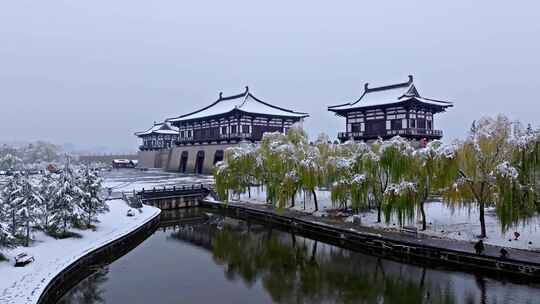 航拍洛阳定鼎门雪景视频素材模板下载