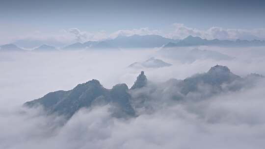 航拍雪后云海上雾中山顶寺庙秦岭南五台