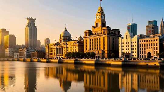航拍夕阳下的上海外滩万国建筑群合集4K