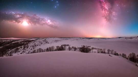 雪地上空梦幻星空全景