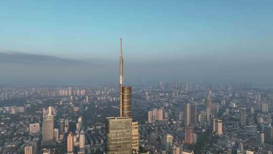 清晨时分的江苏南京紫峰大厦近景航拍