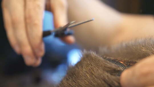 理发师在沙龙修剪客户棕色头发