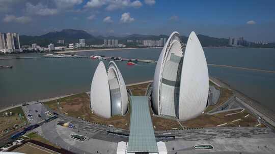 广东珠海日月贝大剧院地标建筑航拍