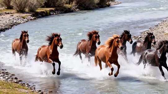 马群天马浴河大气震撼马年马奔跑