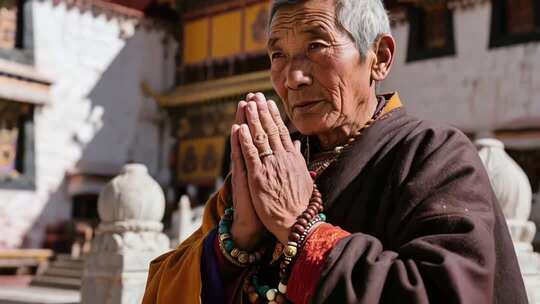 西藏老人寺庙前虔诚祈祷