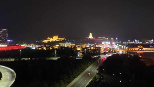 陕西宝鸡陈仓老街中华石鼓园夜景灯光航拍