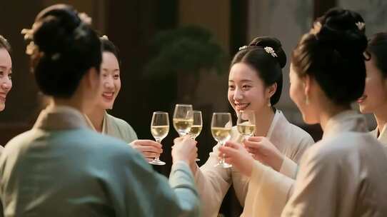 古装女子相聚举杯场景