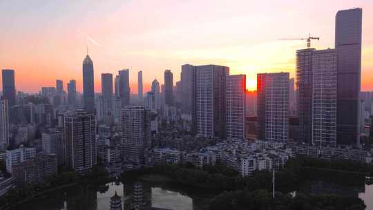 湖北武汉宝岛公园夕阳风光城市天际线航拍