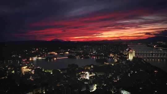 惠州惠城区晚霞夜景航拍视频4K