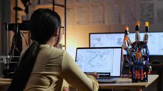 在笔记本电脑上设计电子手时具有3D打印思维的亚洲少女的后视图