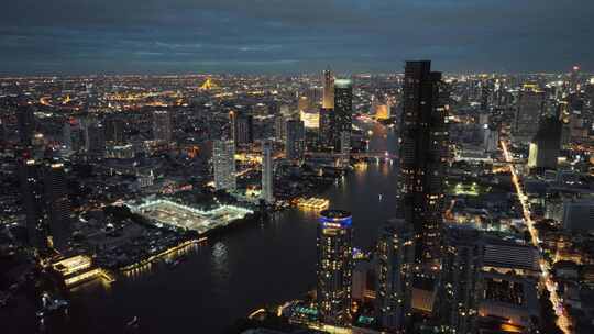 航拍泰国曼谷湄南河城市天际线夜景风光