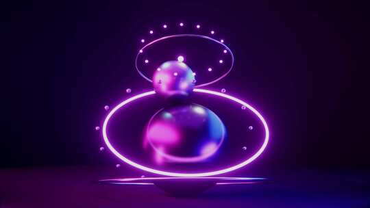 抽象无缝循环背景，无限旋转的霓虹灯环和球