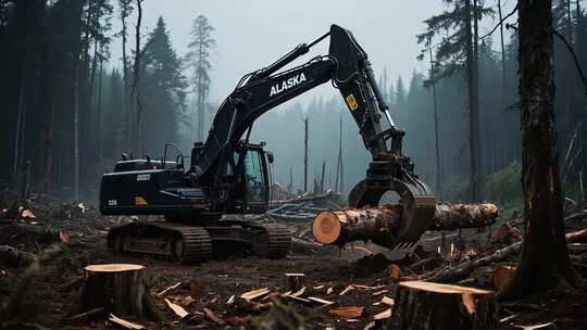 森林中挖掘机搬运木材场景