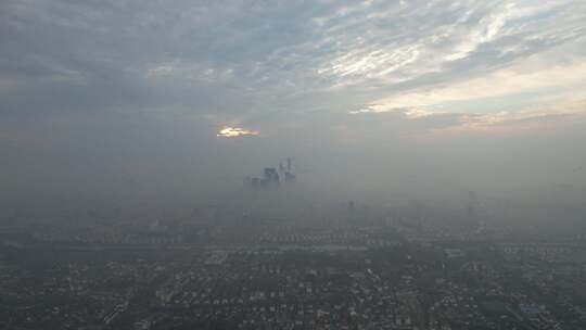 苏州城市清晨迷雾平流层航拍