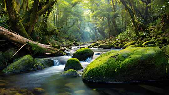 原始森林溪流流水自然风景