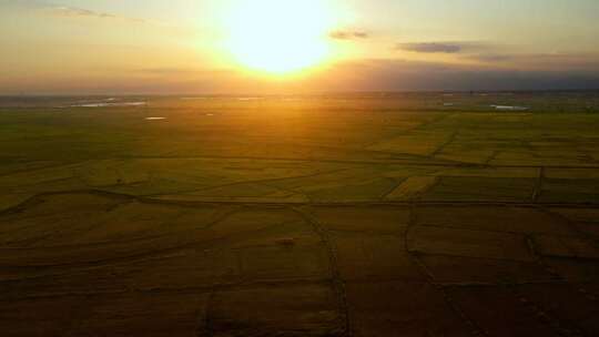 夕阳黄昏日落田野黄河平原航拍