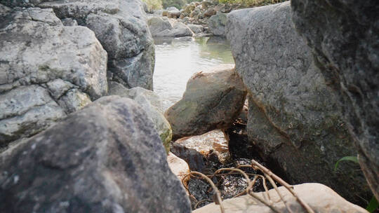 溪流清澈溪水泉水从山间树林石缝流出4