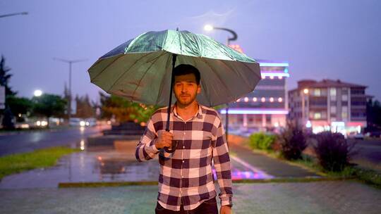 雨中打着雨伞行走的男人慢镜头
