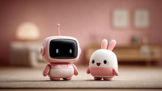 卡通机器人与兔子朋友温馨互动
