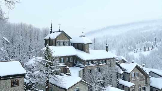 被白雪覆盖的特色建筑群景象