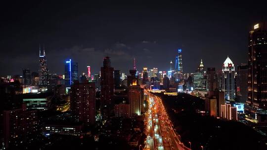 上海延安高架城市天际线夜景航拍