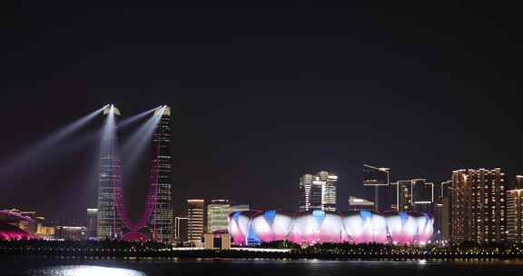 8k杭州亚运会 奥体中心 杭州之门夜景灯光秀