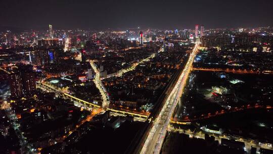 昆明夜景街道航拍