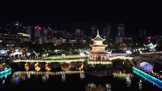 贵州贵阳南明河甲秀楼夜景航拍视频素材模板下载