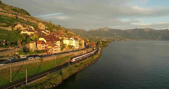 村庄，日内瓦湖，火车，海岸