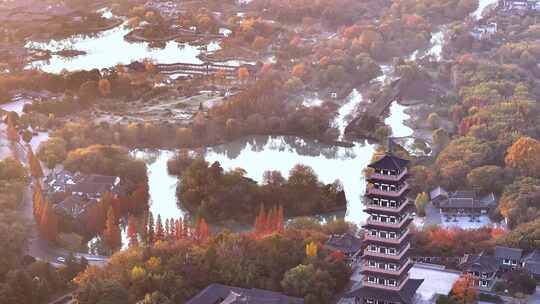 航拍扬州瘦西湖风景区大明寺日出清晨