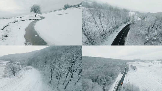 航拍雪原林场公路树林雪地雪景