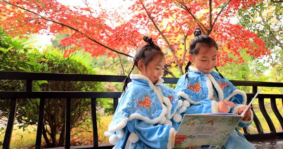 实拍姐妹俩秋景中看书
