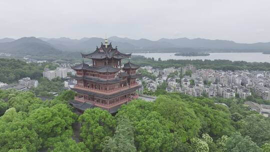 航拍中国浙江杭州西湖雨天城隍阁