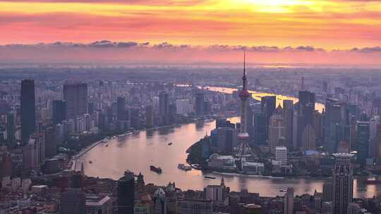 上海外滩陆家嘴日出长焦航拍