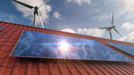 屋顶上的太阳能板、风力发电高清在线视频素材下载