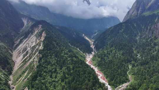 航拍四川甘孜贡嘎山区南门关沟森林河谷风光