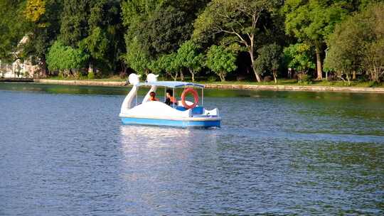 公园湖面游玩的游船视频素材模板下载