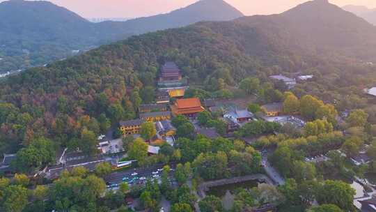 杭州西湖区净慈禅寺航拍唯美大自然风光群山