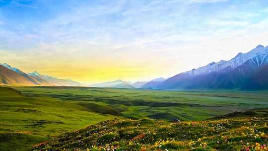 草原雪山自然风光全景