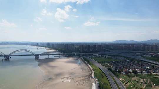 杭州钱塘江九堡大桥江景风景特写航拍