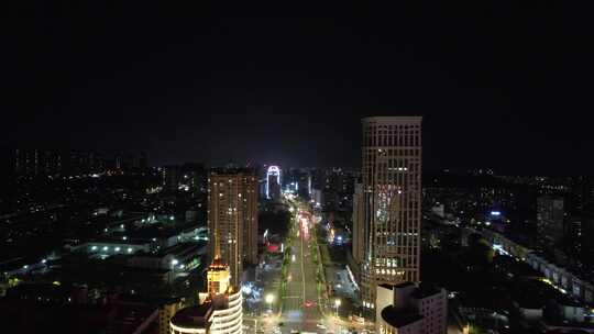 山东烟台城市夜景交通航拍