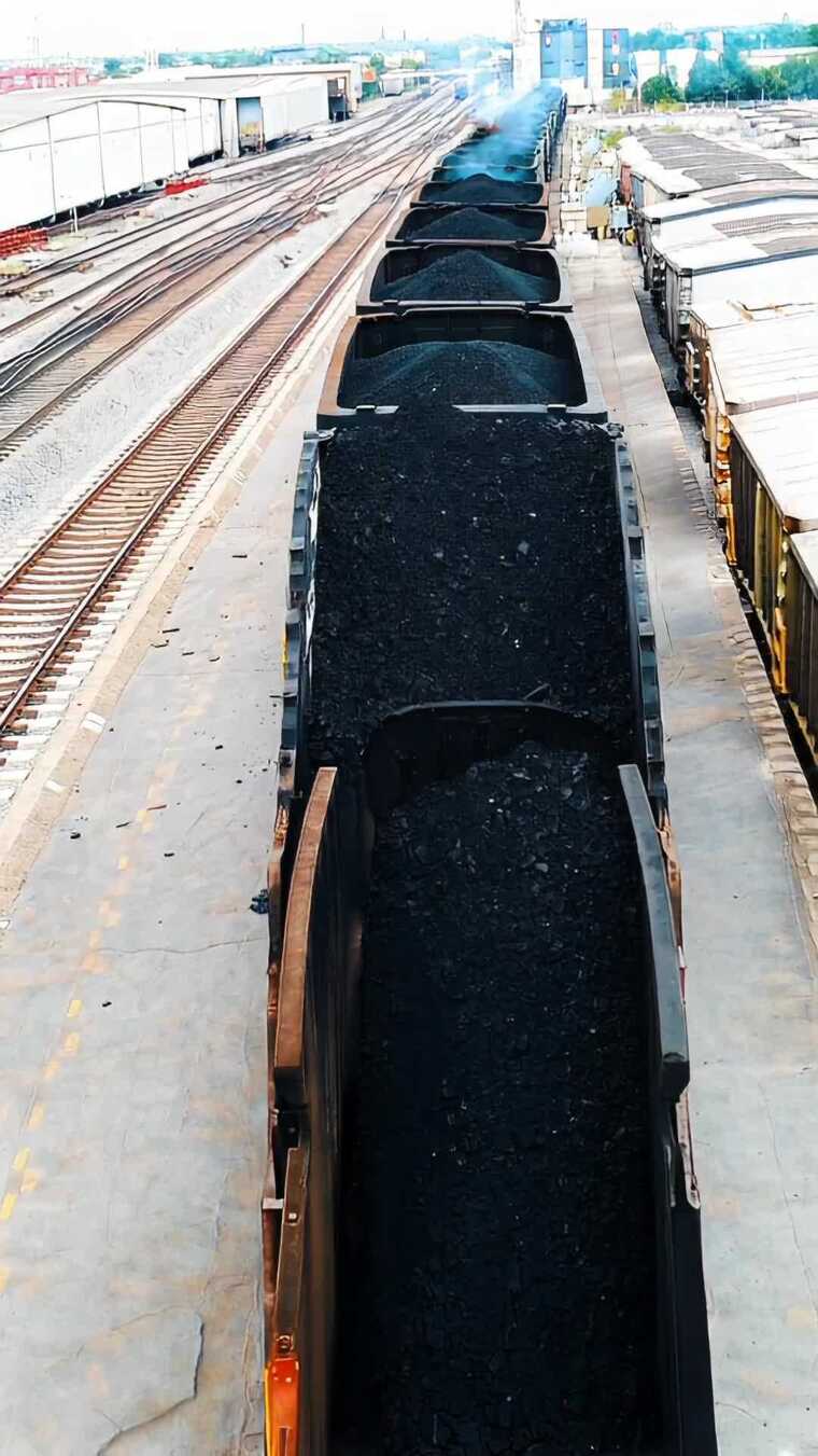 铁路旁运煤火车车厢俯拍